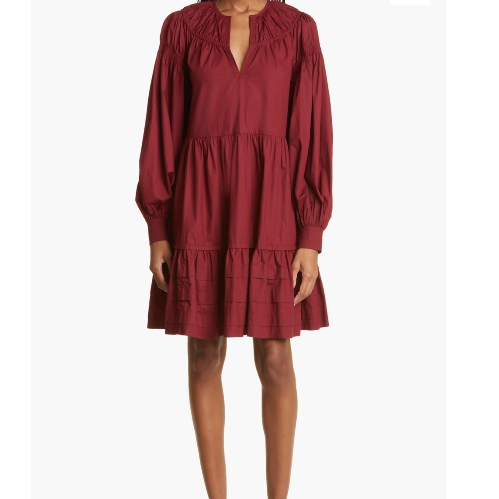 Ulla Johnson Burgundy 100% Cotton Tiered Mini Dress Voluminous Sleeves Size 2